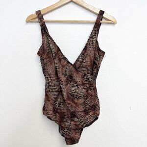 Miraclesuit  Wire-Free One-Piece Black Tan  Faux Wrap Sliming Animal Print
